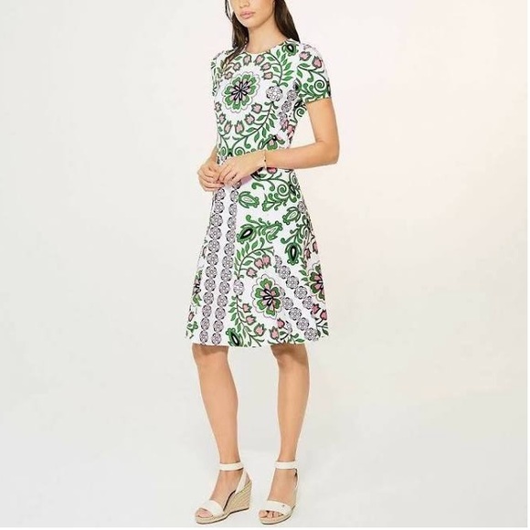 Rare Tory Burch Garden Party Tulip Vine Modest Dress White Green Pink Size Small